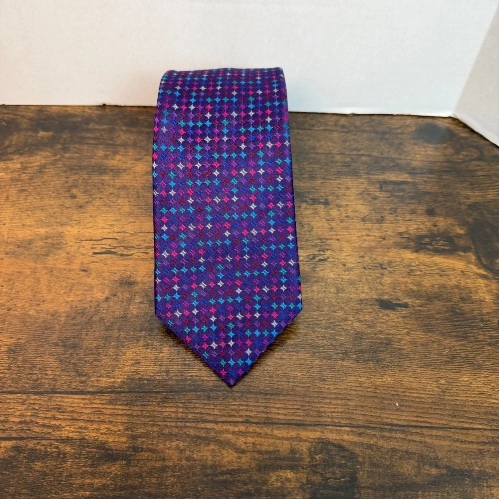 Charles Tyrwhitt Tie Men Purple Geometric Silk Handmade in England Preppy Formal